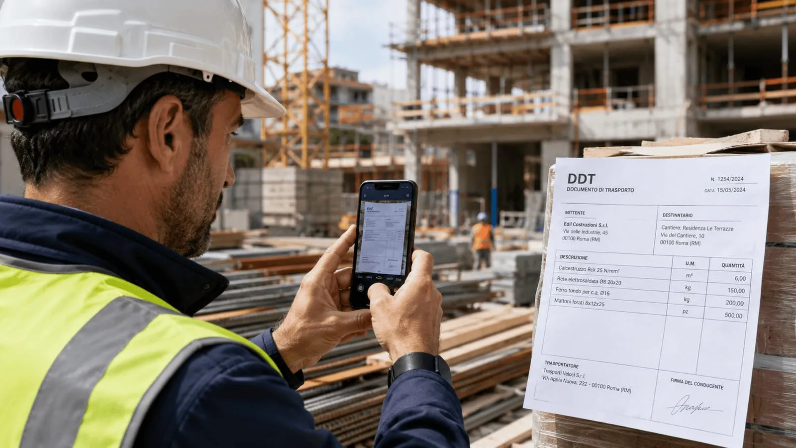 Un operaio in cantiere fotografa con lo smartphone un documento di trasporto affisso su un bancale di materiali