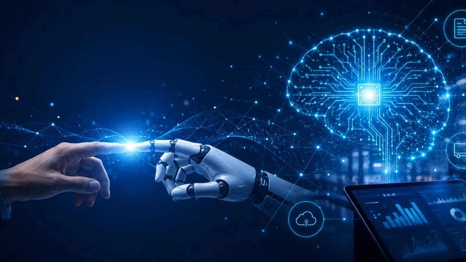 Una mano umana e una mano robotica che si sfiorano accanto alla figura stilizzata di un cervello fatto di circuiti