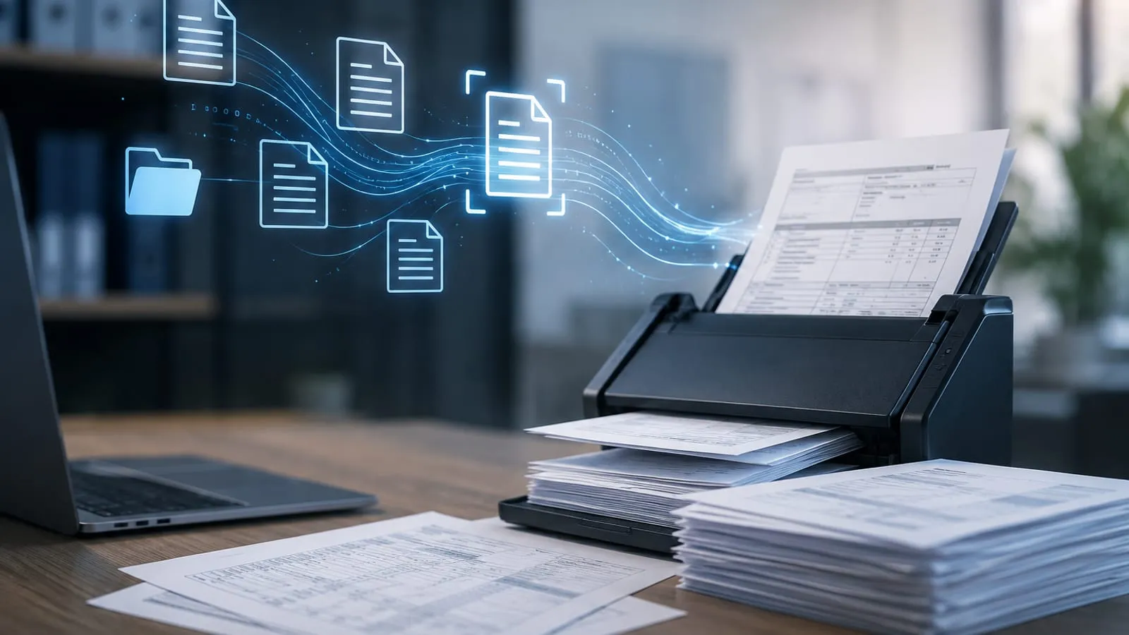 Uno scanner da scrivania acquisisce fatture cartacee, rappresentate come icone di documenti che scorrono verso una cartella